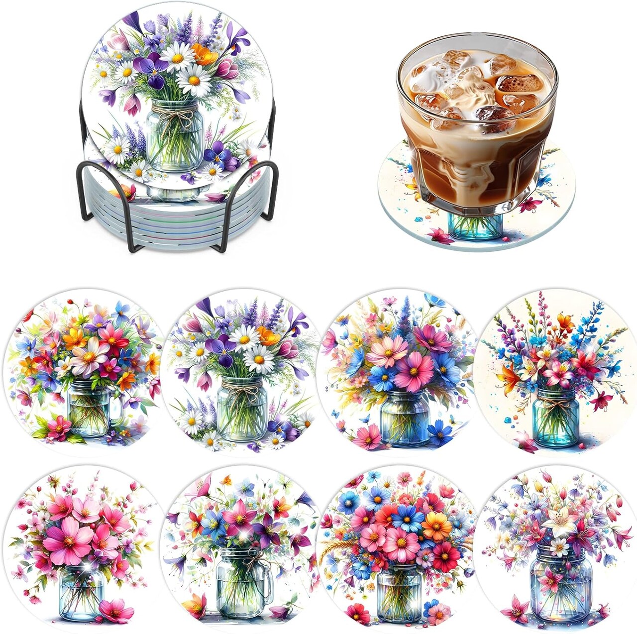 Diamond Painting Coasters Kits with Holder, Colorful Flowers Diamond Art Coasters for Adults Beginners 5D DIY Diamond Coasters, Diamond Art Painting Kits Craft Supplies